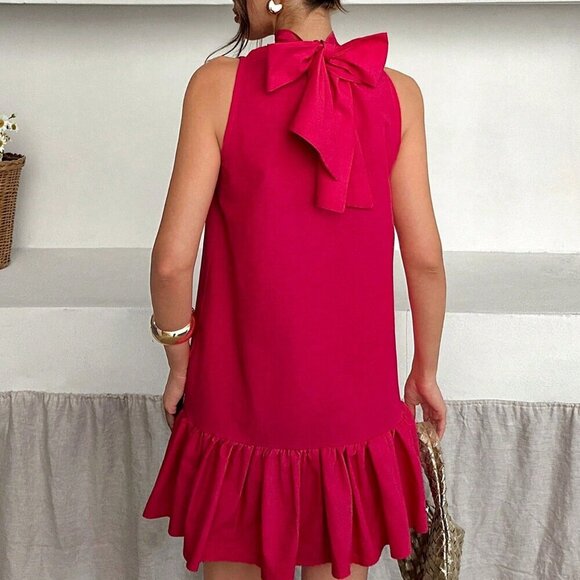Pink Casual Women's Bow Detailed ruffled hem Mini Dress - Picture 2 of 7
